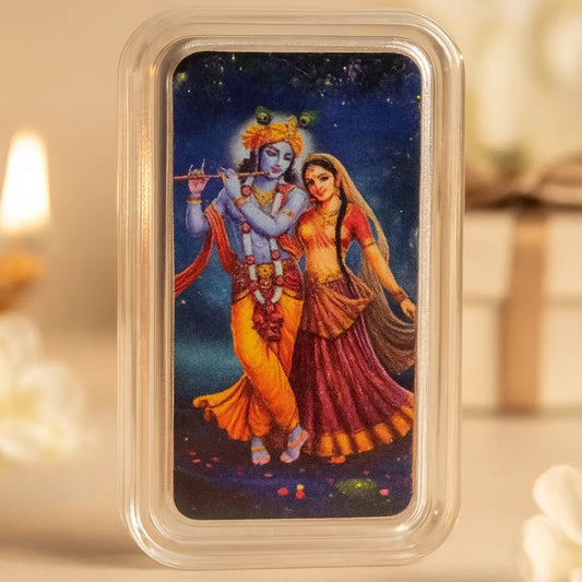 Shri Radha Krishna Ji, UV Printed, Bar Shape, Single (20 Gram), 999 Purity Silver Coin - Ready To Ship