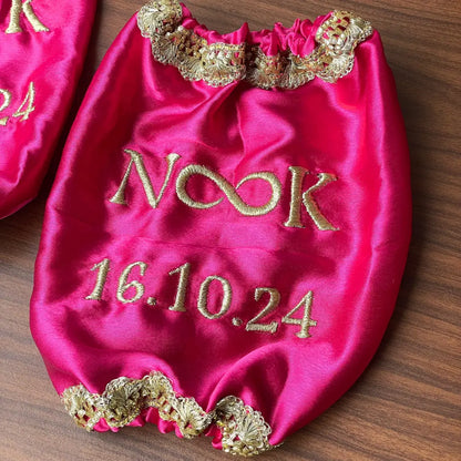 Pink Satin Chooda Cover With Lace  - Custom Made with Logo and Date