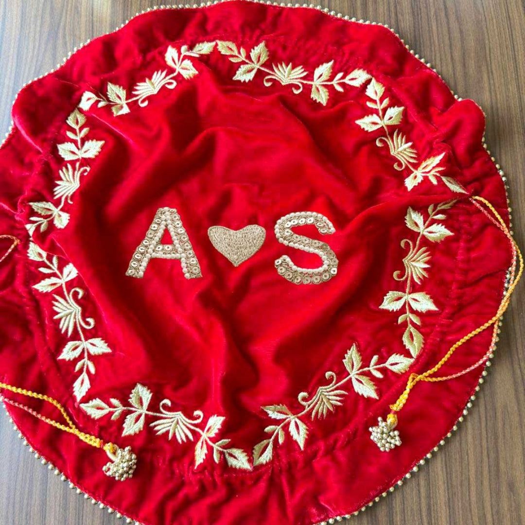 Crimson Red Round Thaal Cover With Vine Design Work - Customize Hashtags