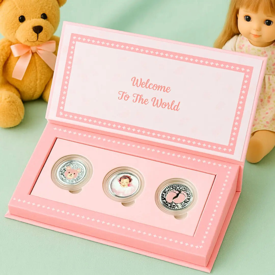 Welcome Little Princess Pink Baby Girl UV Silver Coin Box Set (3 Coins x 1gm Each)