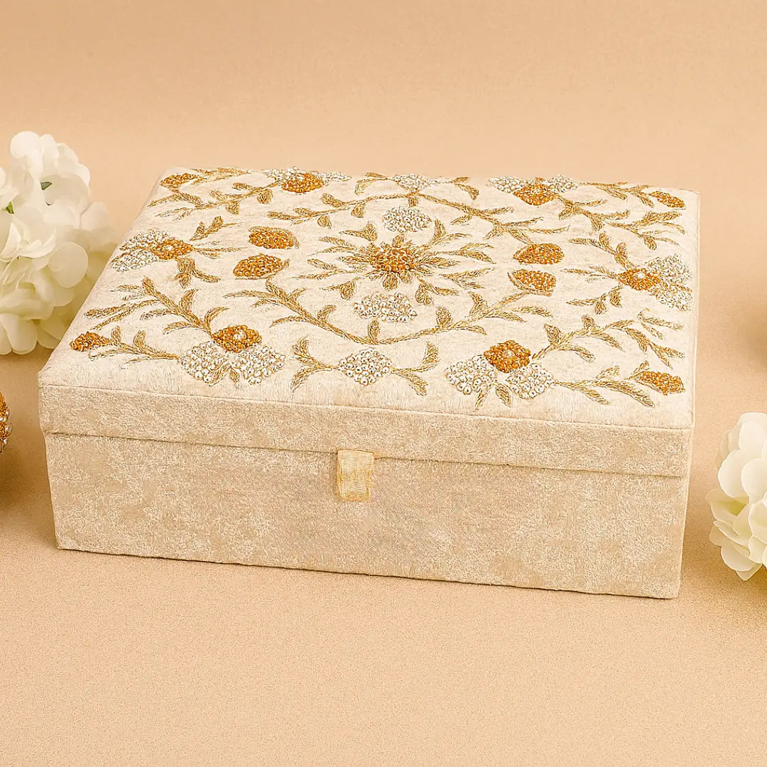 Luxury White/Ivory Velvet Bridal Combo Box With Golden Vine