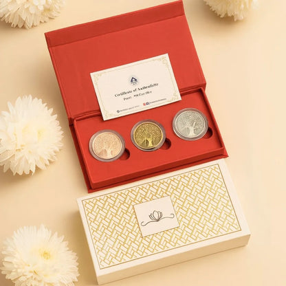 Banyan Tree, Tri-Color, Round Shape, Set of 3 Coins (3 Gram Each), White Box Cover, 999 Purity Silver Coin - Ready To Ship