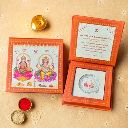 Laxmi Ganesh ji, Silver, Folder Box, 5gm, 999 Purity Silver Coins