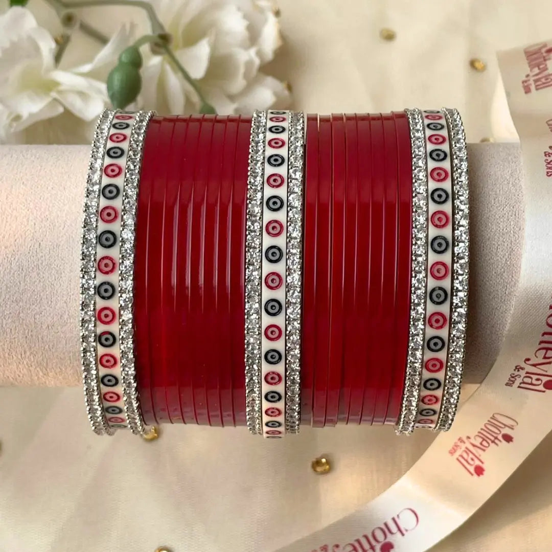 Pure Pearl Classic Diamond Dark Red Chooda Set of 21 | Chotteylal and Sons