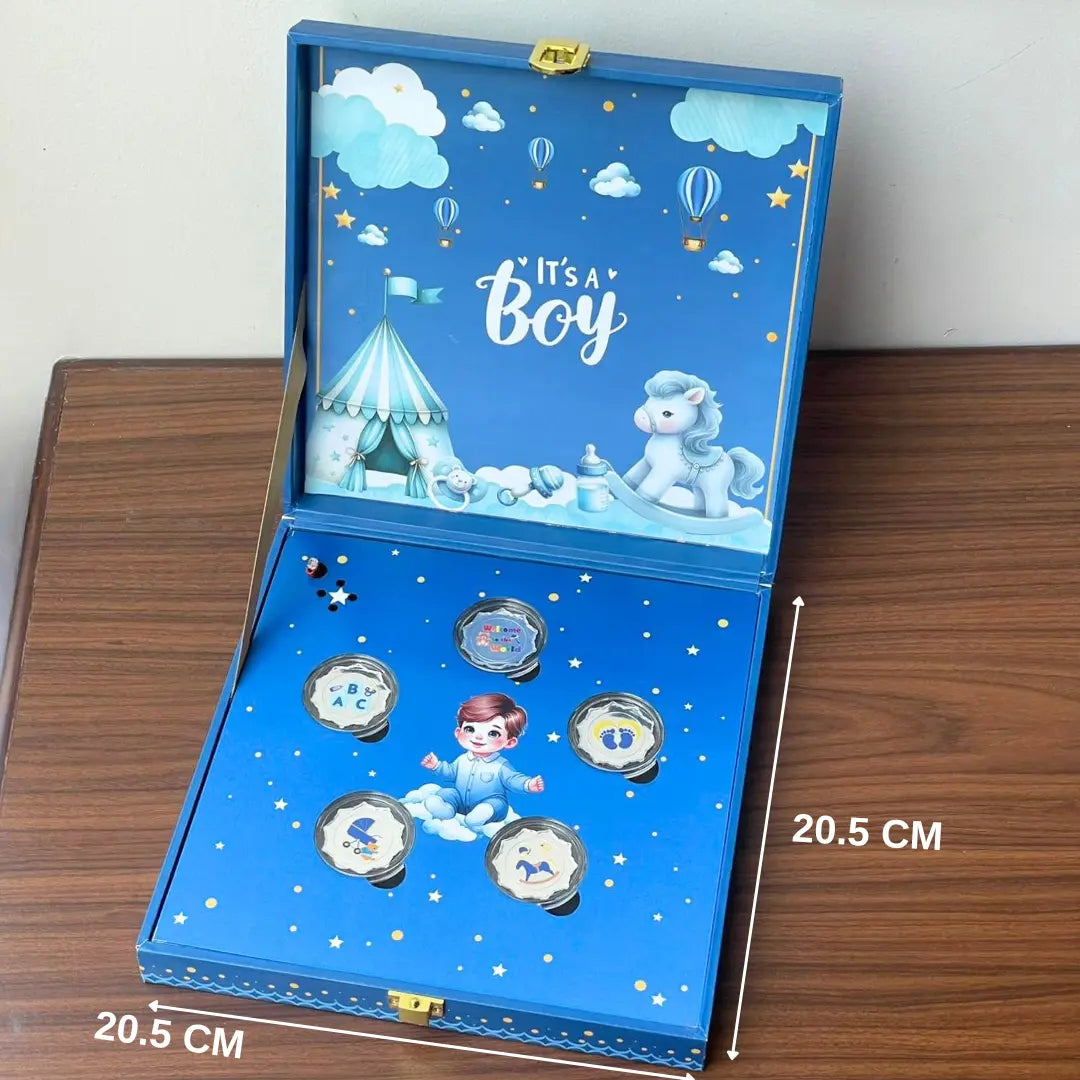 Musical Baby Boy Coin Box, UV Printed, Round Shape, Set of 5 Coins, (2 Gram Each), 999 Purity - Ready To Ship