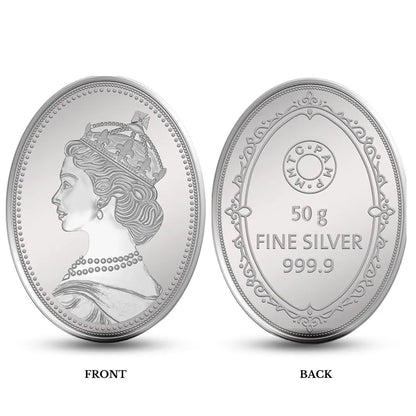 MMTC Queen of England, Silver Finish, Oval Shape, Single (50 Gram), 999 Purity Silver Coin - Ready To Ship