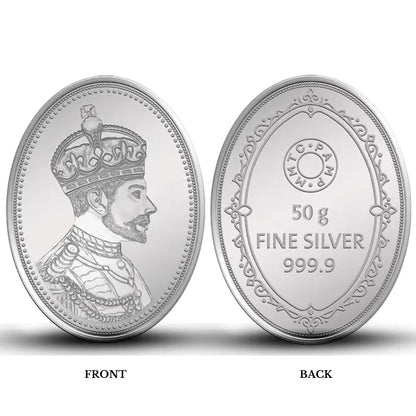 MMTC King, Silver Finish, Oval Shape, Single (50 Gram), 999 Purity Silver Coin - Ready To Ship