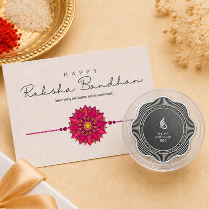 Premium Happy Raksha Bandhan 5gm Flower Banyan Tree Silver Coin with Rakhi Card