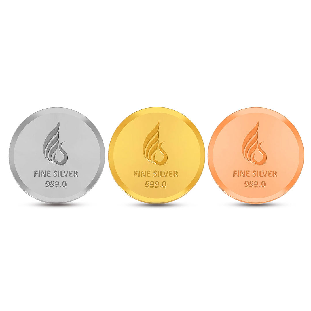 Banyan Tree Design, Tri-Color Finish, Round Shape, Set of 3 Coins (3 Gram Each), 999 Purity Silver Coin - Customizable Packaging