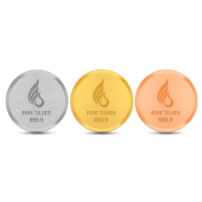 Banyan Tree Design, Tri-Color Finish, Round Shape, Set of 3 Coins (3 Gram Each), 999 Purity Silver Coin - Customizable Packaging