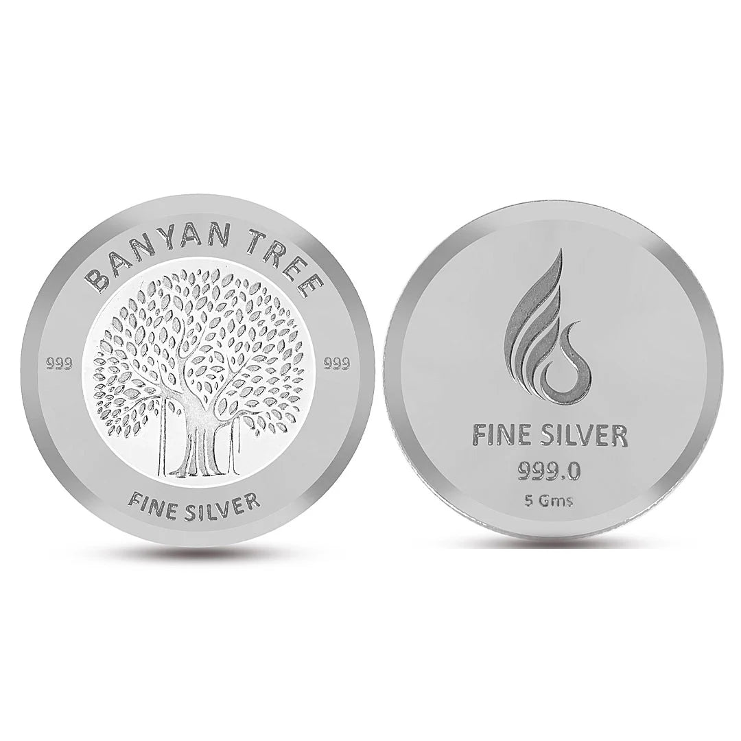 Banyan Tree Design, Silver Finish, Round Shape, Set of 3 Coins (3 Gram Each), 999 Purity Silver Coin - Customizable Packaging