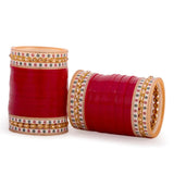 Traditional Elegance Redefined Combo - Red Bridal Kundan Chooda & Pearl Ensembles Golden Leaves Hanging Kaleera