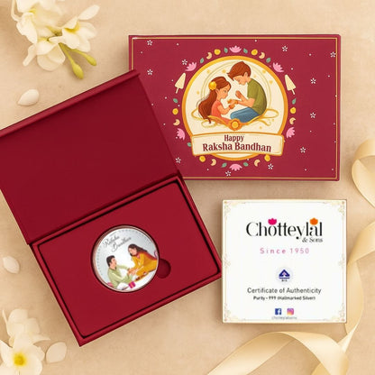 Happy Raksha Bandhan Box, Brother Sister 10gm Silver Coin With Rakhi Card - 999 Purity Silver Coin