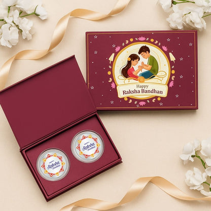 Happy Raksha Bandhan Box, 10gm UV Print Silver Coin (Set of 2) With Rakhi Card - 999 Purity Silver Coin