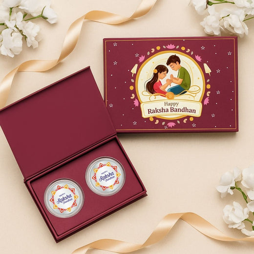 Kaju Katli Rakhi Gift Set Of 2 Coins With Rakhi Card – UV Printed 20g Silver Coin