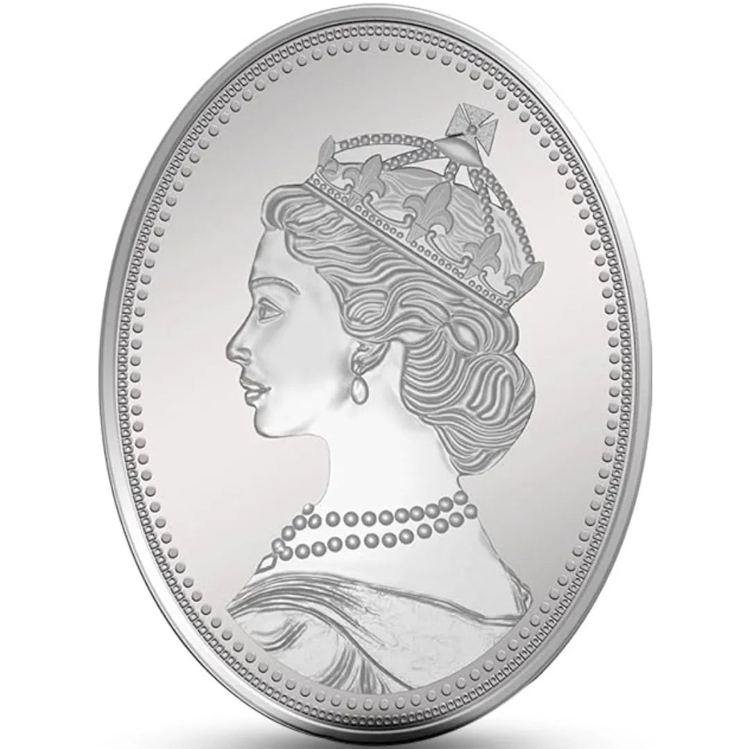 MMTC Queen of England, Silver Finish, Oval Shape, Single (50 Gram), 999 Purity Silver Coin - Ready To Ship