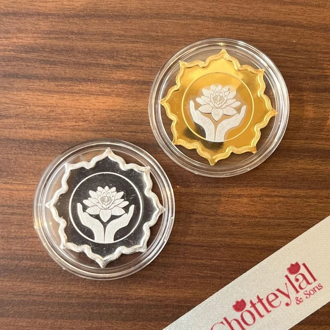 Best Wishes Lotus Box, Lotus Shape Coin & Design, Set of 2 Coins (5 Gram Each), 999 Purity Silver Coin - Ready To Ship