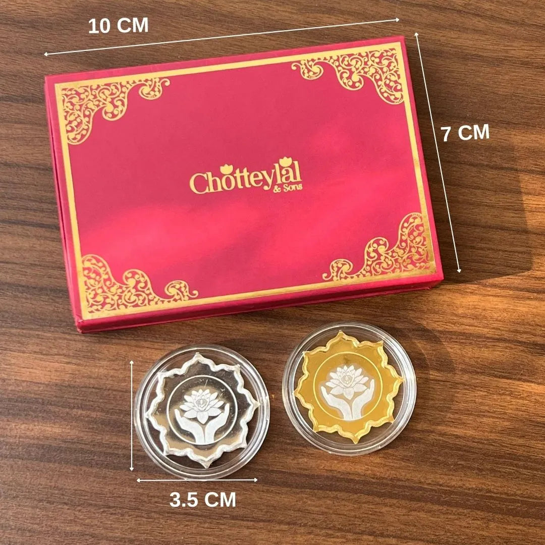 Best Wishes Lotus Box, Lotus Shape Coin & Design, Set of 2 Coins (5 Gram Each), 999 Purity Silver Coin - Ready To Ship