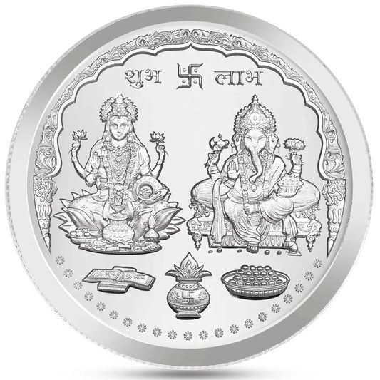 Lakshmi Ganesh Ji, Silver Finish, Round Shape, Single (1 Gram), 999 Purity Silver Coin - Ready To Ship