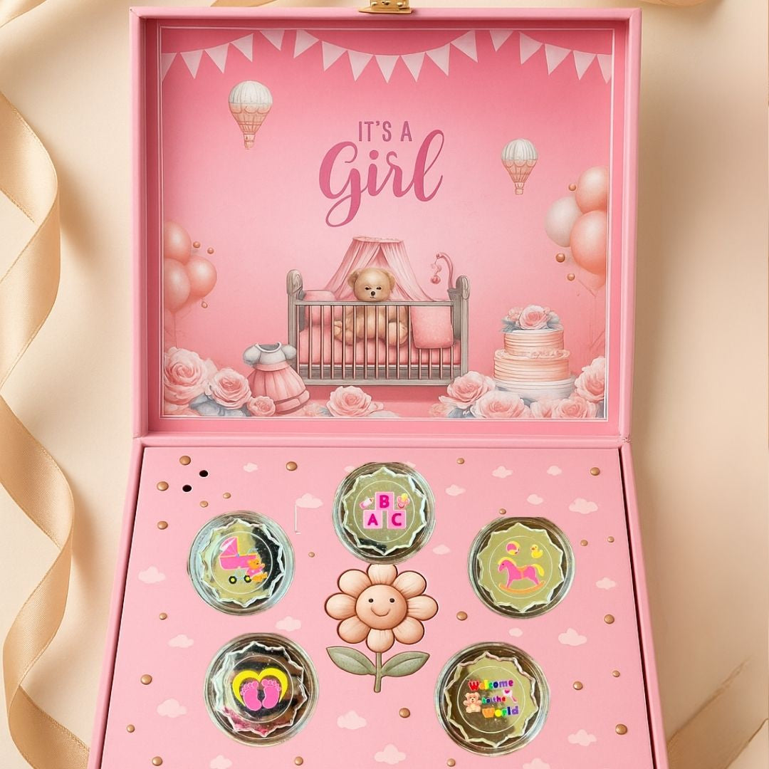 Musical Baby Girl Coin Box, UV Printed, Round Shape, Set of 5 Coins, (2 Gram Each), 999 Purity - Ready To Ship