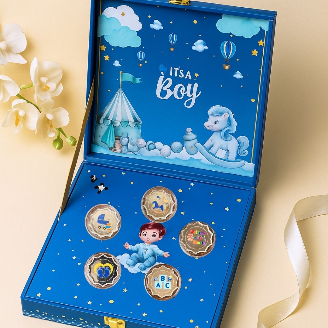 Musical Baby Boy Coin Box, UV Printed, Round Shape, Set of 5 Coins, (2 Gram Each), 999 Purity - Ready To Ship