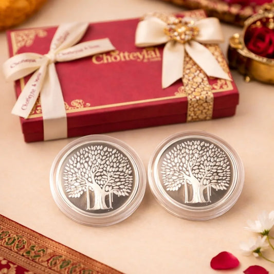 Banyan Tree, Silver, Round Shape, Set of 2 (10 g Each), Best Wishes Cover, 999 Purity Silver Coin - Wedding Gifts