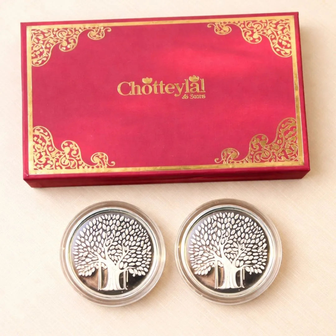 Banyan Tree, Silver, Round Shape, Set of 2 (10 Gram Each), Best Wishes Cover, 999 Purity Silver Coin - Ready To Ship