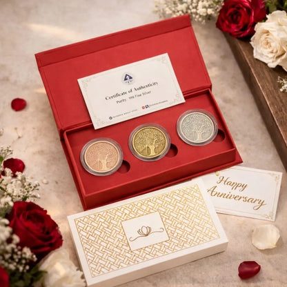 Banyan Tree, Tri-Color, Round Shape, Set of 3 Coins (3 g Each), White Box Cover, 999 Purity Silver Coin - Anniversary Gifts