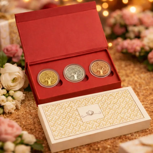 Banyan Tree, Tri-Color, Round Shape, Set of 3 Coins (3 g Each), White Box Cover, 999 Purity Silver Coin - Wedding Gifts