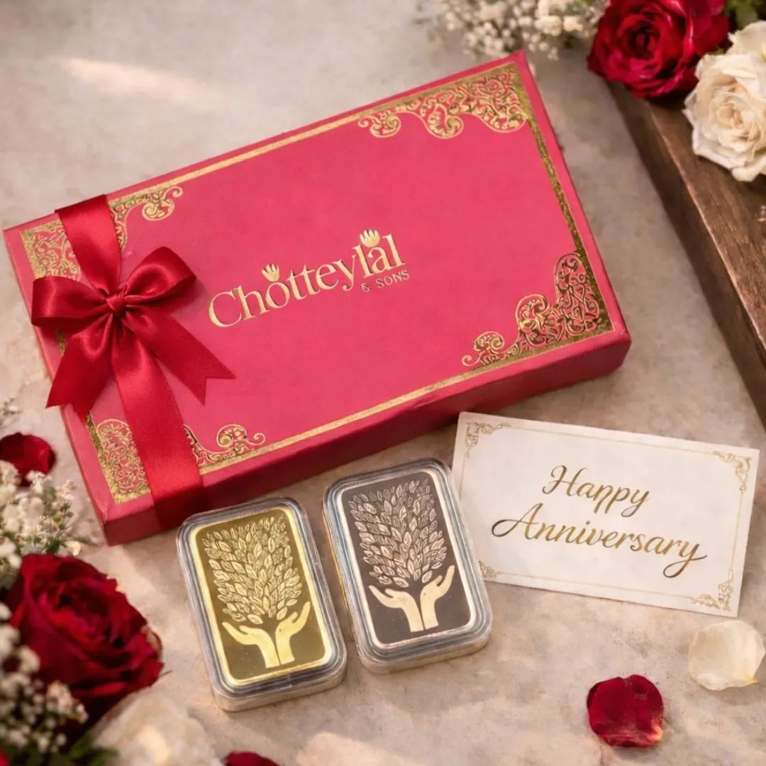 Leaf In Hand, Gold & Rose Gold Finish, Bar Shape, Set of 2 (5 g Each), 999 Purity Silver Coin - Anniversary Gifts