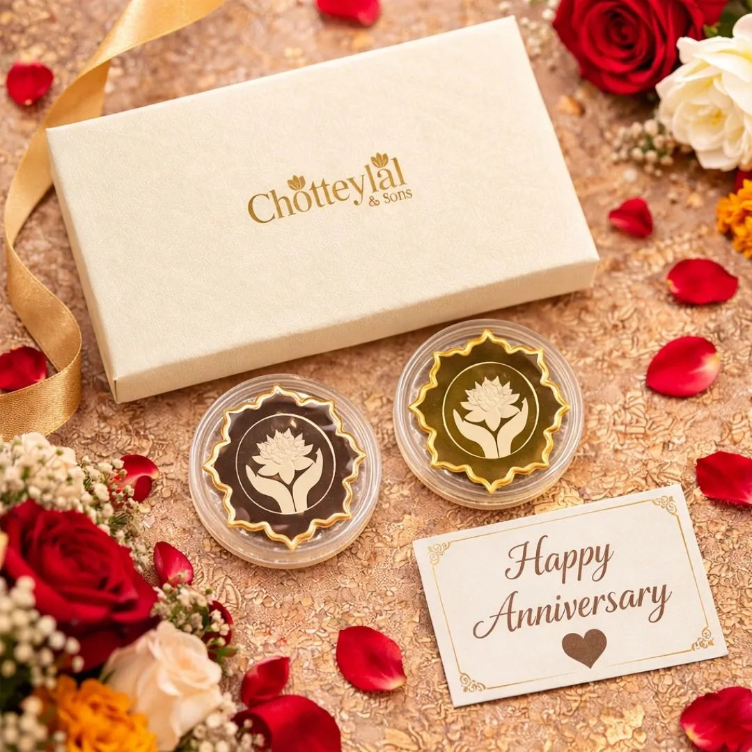 Lotus In Hand, Rose Gold & Gold Finish, Lotus Shape, Set  of 2 Coins (25 gs Each), 999 Purity, White Box - Ready To Ship Anniversary Gifts