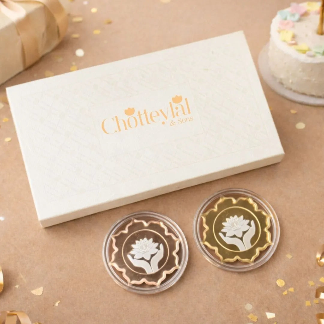 Lotus In Hand, Rose Gold & Gold Finish, Lotus Shape, Set  of 2 Coins (25 gs Each), 999 Purity, White Box - Ready To Ship Birthday Gifts
