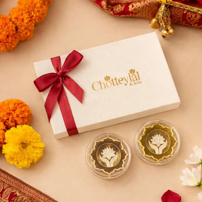 Lotus In Hand, Rose Gold & Gold Finish, Lotus Shape, Set  of 2 Coins (25 gs Each), 999 Purity, White Box - Wedding Gifts