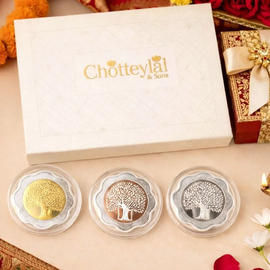Banyan Tree, Tri-Color, Floral Shape, Set of 3 (10 g Each), 999 Purity Silver Coin - Wedding Gifts