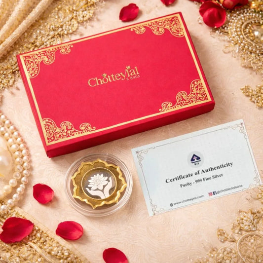 Lotus In Hand, Gold Finish, Lotus Shape, Single (5 g), 999 Purity Silver Coin - Wedding Gifts