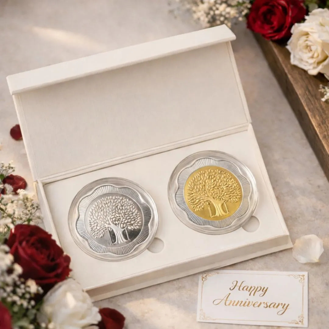 Banyan Tree, Gold & Silver, Floral Shape, Set of 2 (50 g Each), 999 Purity Silver Coin - Anniversary Gifts
