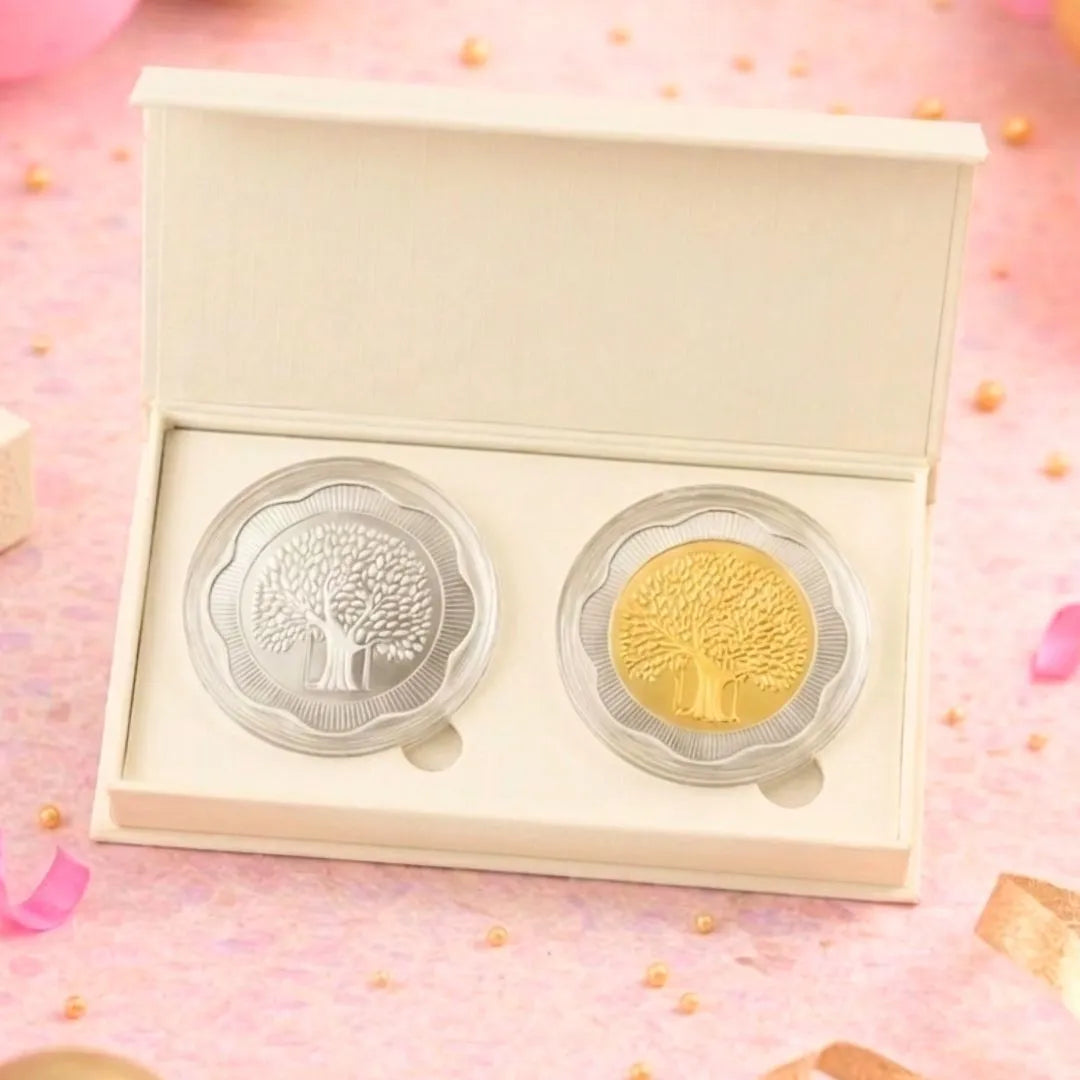 Banyan Tree, Gold & Silver, Floral Shape, Set of 2 (50 g Each), 999 Purity Silver Coin - Ready To Ship Birthday Gifts