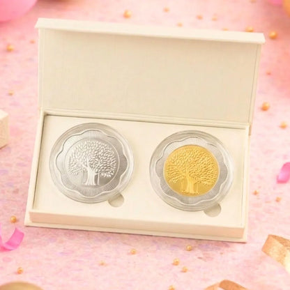 Banyan Tree, Gold & Silver, Floral Shape, Set of 2 (50 g Each), 999 Purity Silver Coin - Ready To Ship Birthday Gifts