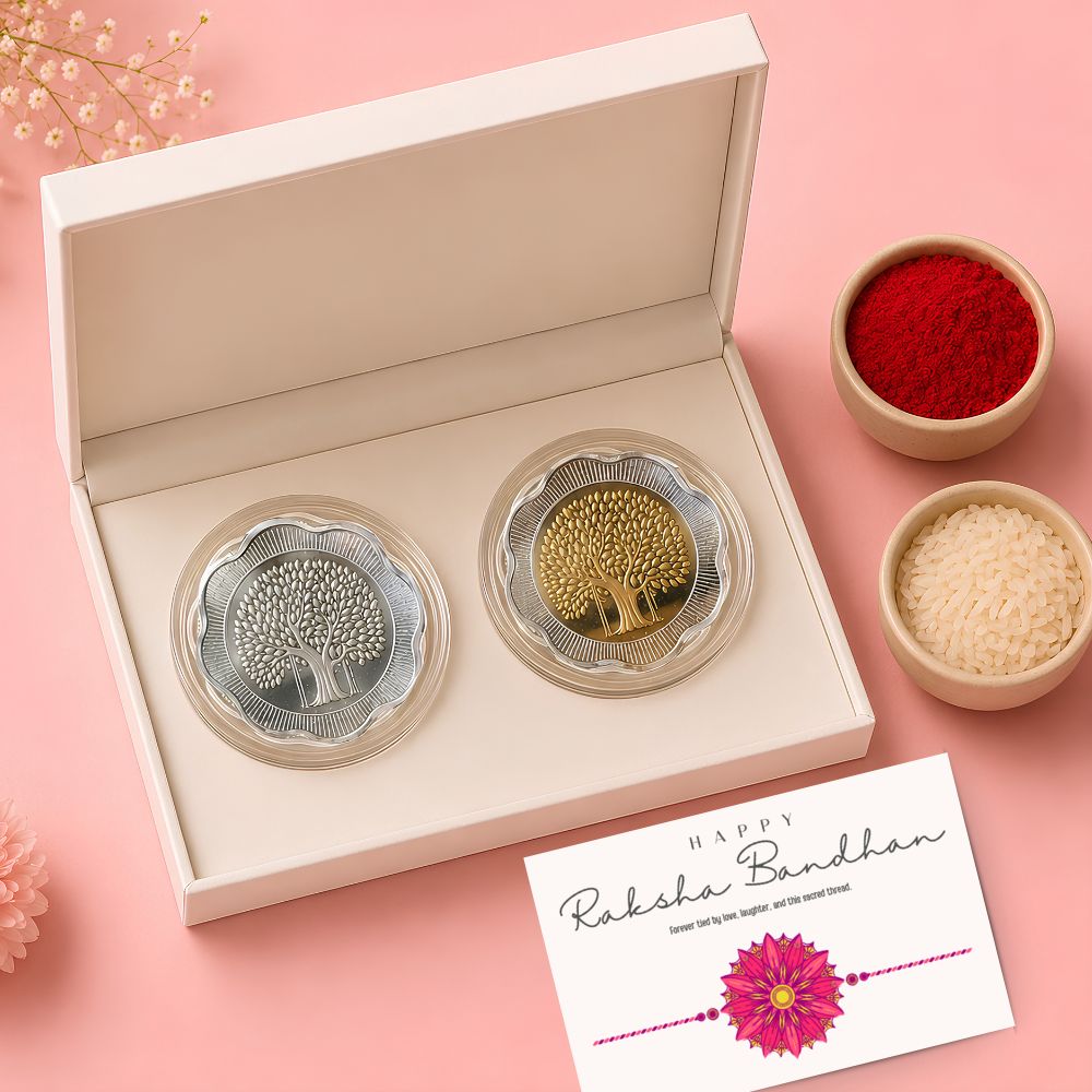 Banyan Tree, Gold & Silver, Floral Shape - Set of 2 Coins (50 g Each, Total 100 g)