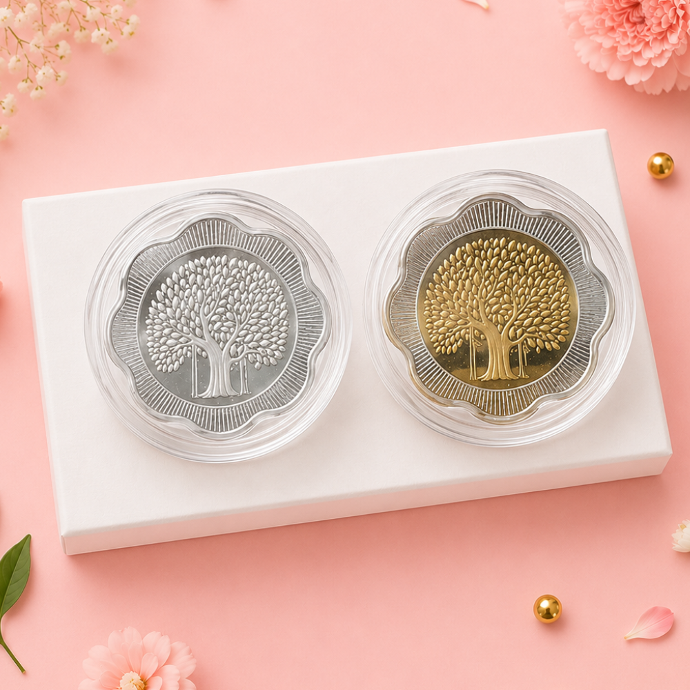 Banyan Tree, Gold & Silver, Floral Shape - Set of 2 Coins (50 g Each, Total 100 g)
