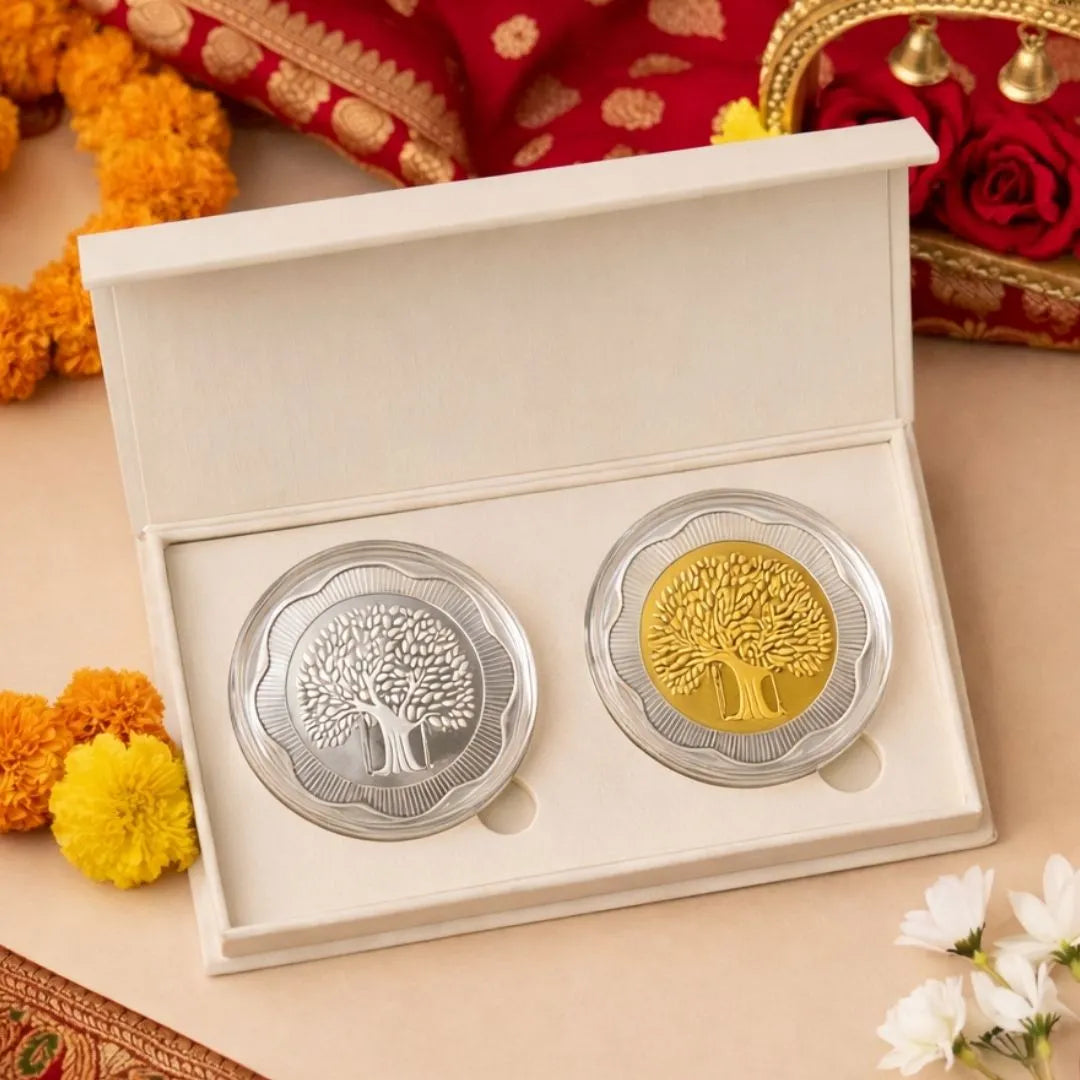 Banyan Tree, Gold & Silver, Floral Shape, Set of 2 (50 g Each), 999 Purity Silver Coin - Wedding Gifts