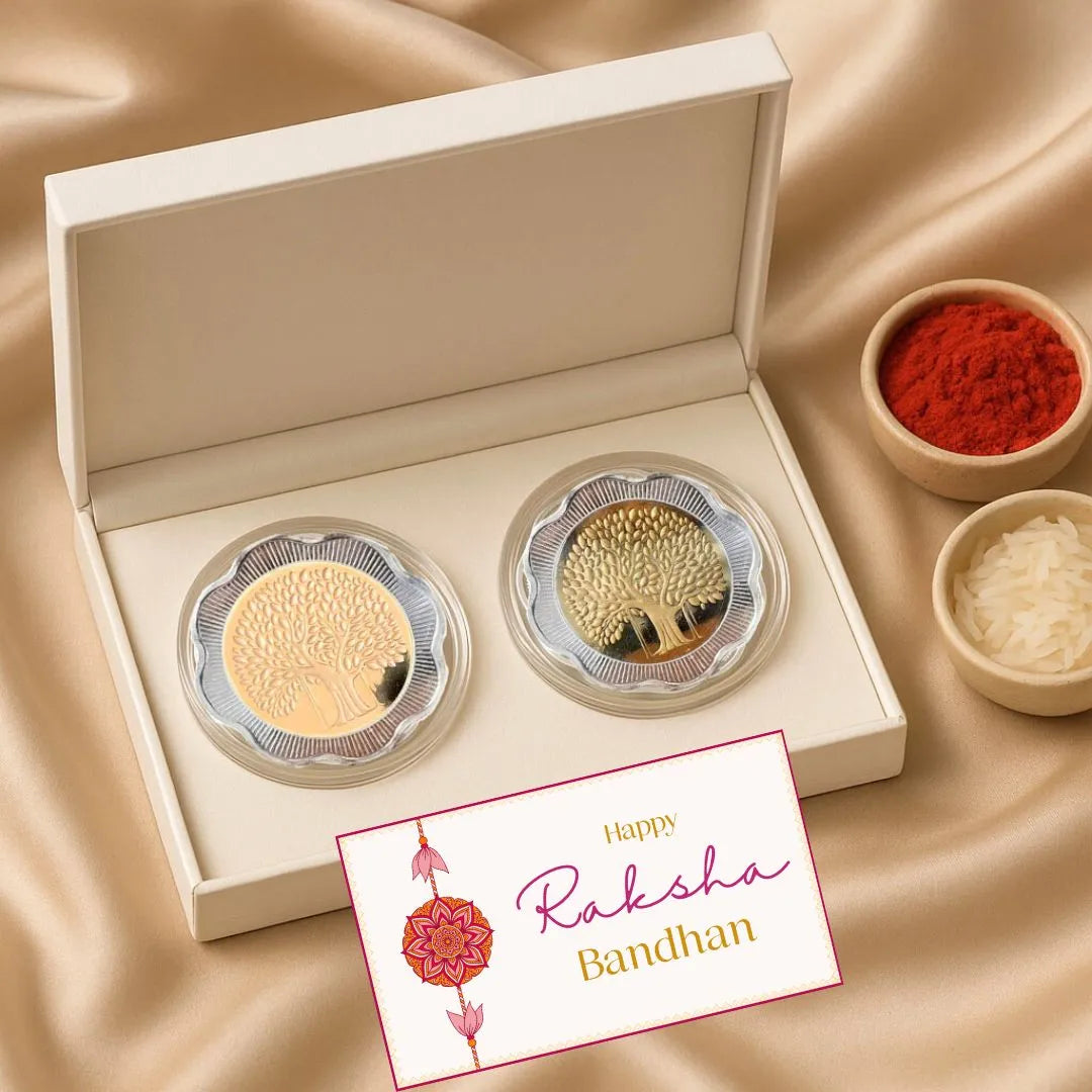 Banyan Tree, Gold & Silver, Floral Shape, Set of 2 (50 Gram Each), 999 Purity Silver Coin - Ready To Ship