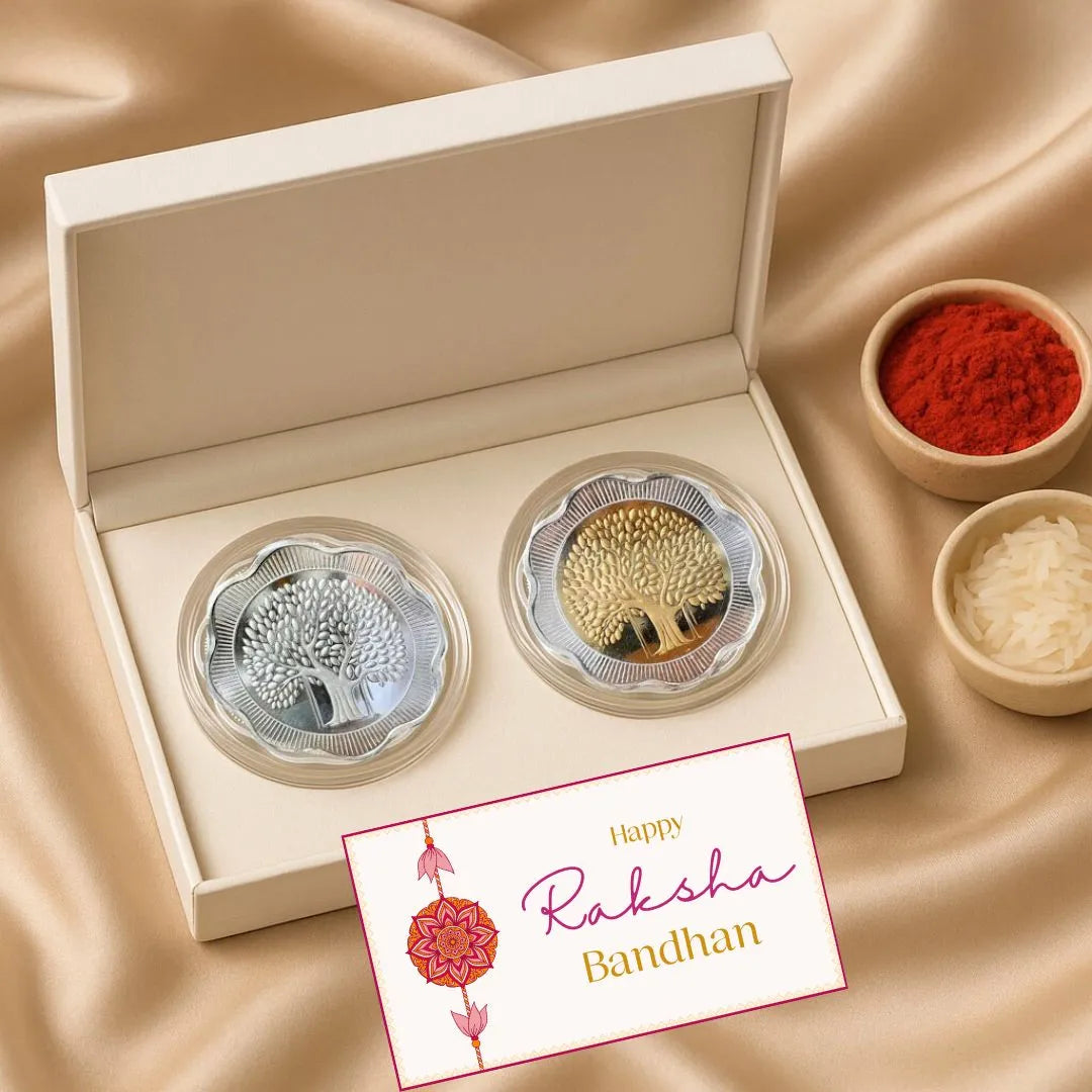 Banyan Tree, Gold & Silver, Floral Shape, Set of 2 (50 Gram Each), 999 Purity Silver Coin - Ready To Ship