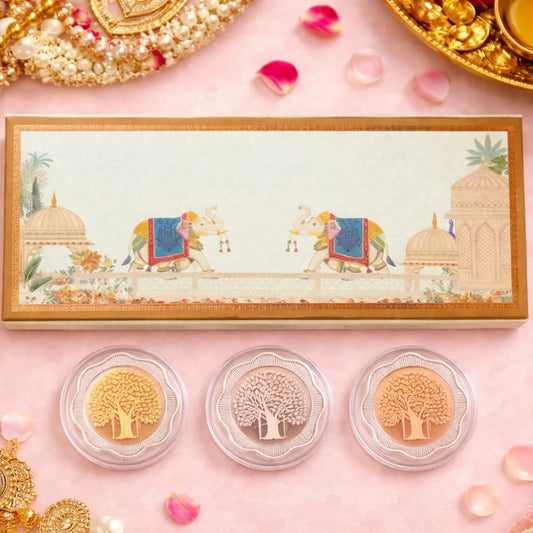Banyan Tree, Tri-Color, Floral Shape, Set of 3 (5 g Each), 999 Purity Silver Coin - Wedding Gifts