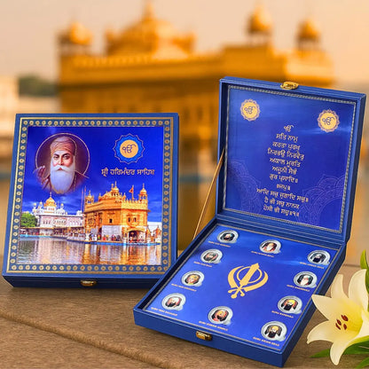 Sri Harmandir Sahib & 10 Sikh Gurus Silver Coin Box - 999 Purity Silver Coins