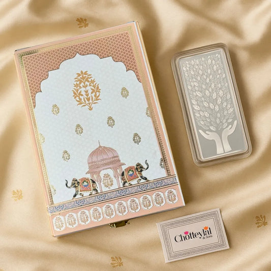 Leaf In Hand, Silver Finish, Bar Shape, 200 GM, 999 Purity Silver Coin – Ready To Ship