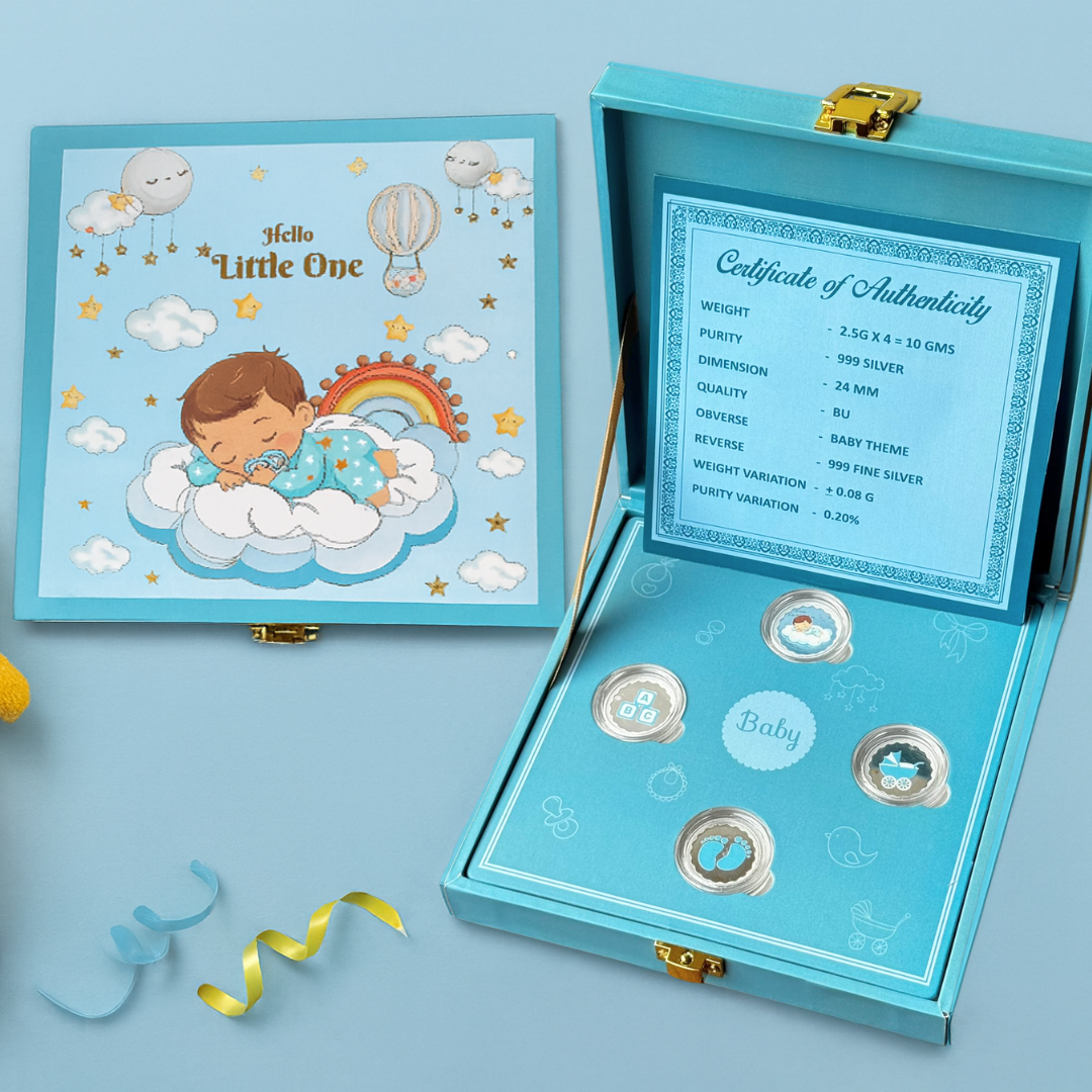 Hello Little One Baby Boy 10 Gram Silver Coin Box (4 Coins) - 999 Purity Silver Coins