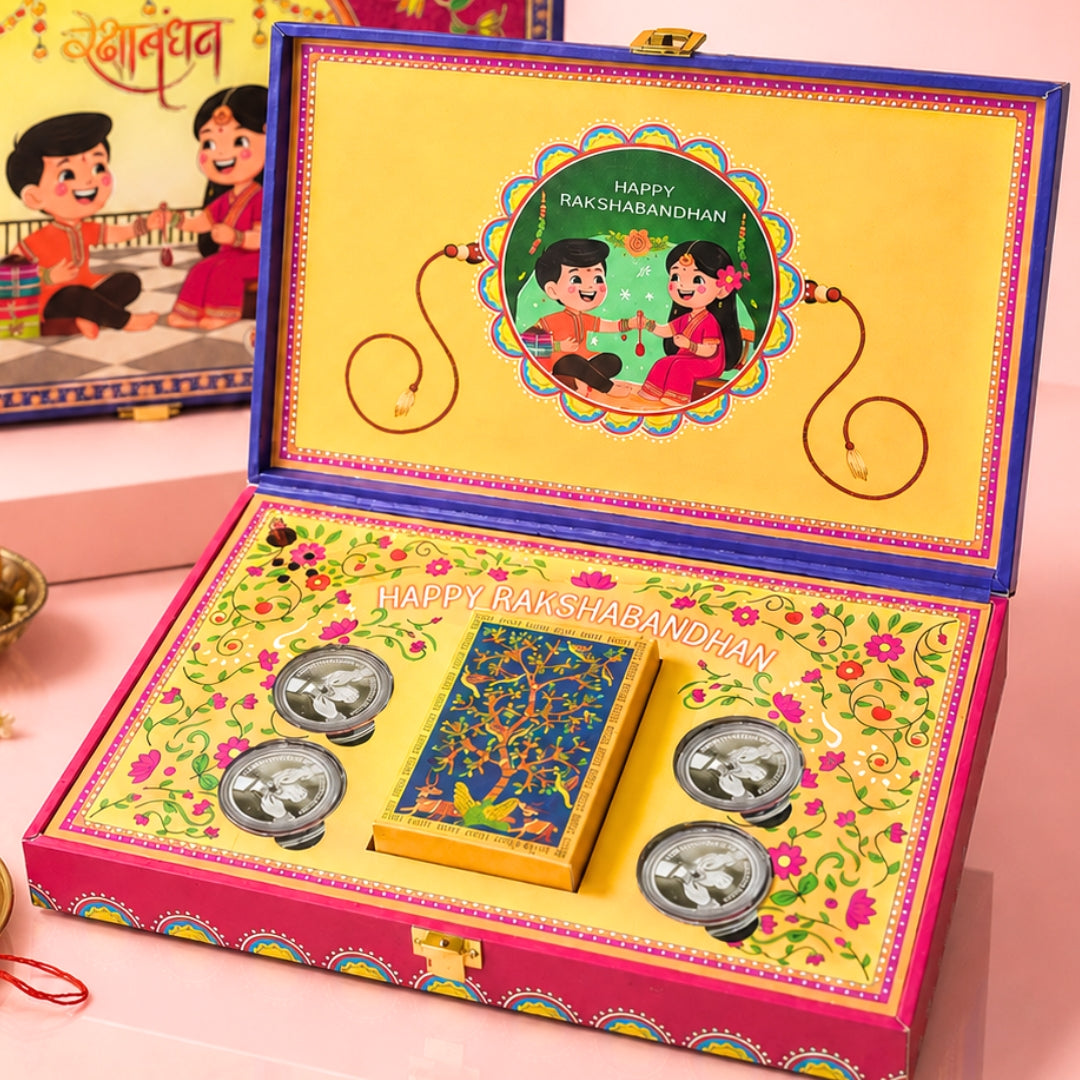 Raksha Bandhan Musical Box With 40 g Silver Coin and Playing Cards - Set of 4 Coins (10 g Each, Total 40 g)