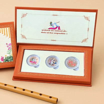 Radha Krishna ji, Silver, Folder Box, 3 Coins (1 GM Each), 999 Purity Silver Coins