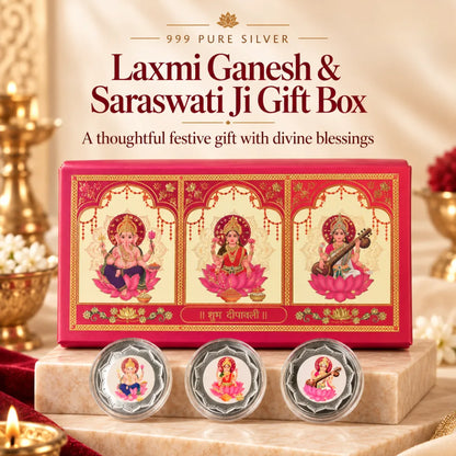Laxmi Ganesh & Saraswati Ji Gift Box (Total 6 g) - 999 Pure Silver